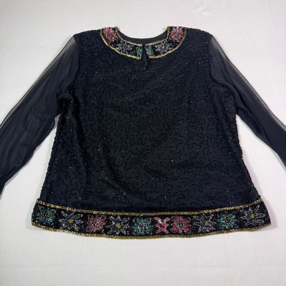 Laurence Kazar Vtg Silk Beaded Top XL Black Sheer Sleeve Evening Cocktail Blouse - Picture 16 of 16
